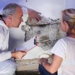 a pest control contractor or exterminator with a blonde female customer at a mold destroyed wall and explain her the problem